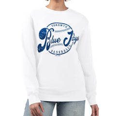 Toronto Blue Jays G-III 4Her by Carl Banks Women's Distressed Baseball Team Fleece Pullover Sweatshirt On Sale