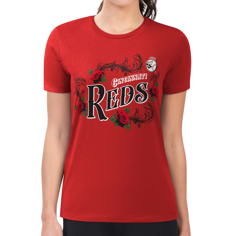 Cincinnati Reds G-III 4Her by Carl Banks Women's Super-Slim Fit Lightweight Retro Roses T-Shirt Near Me