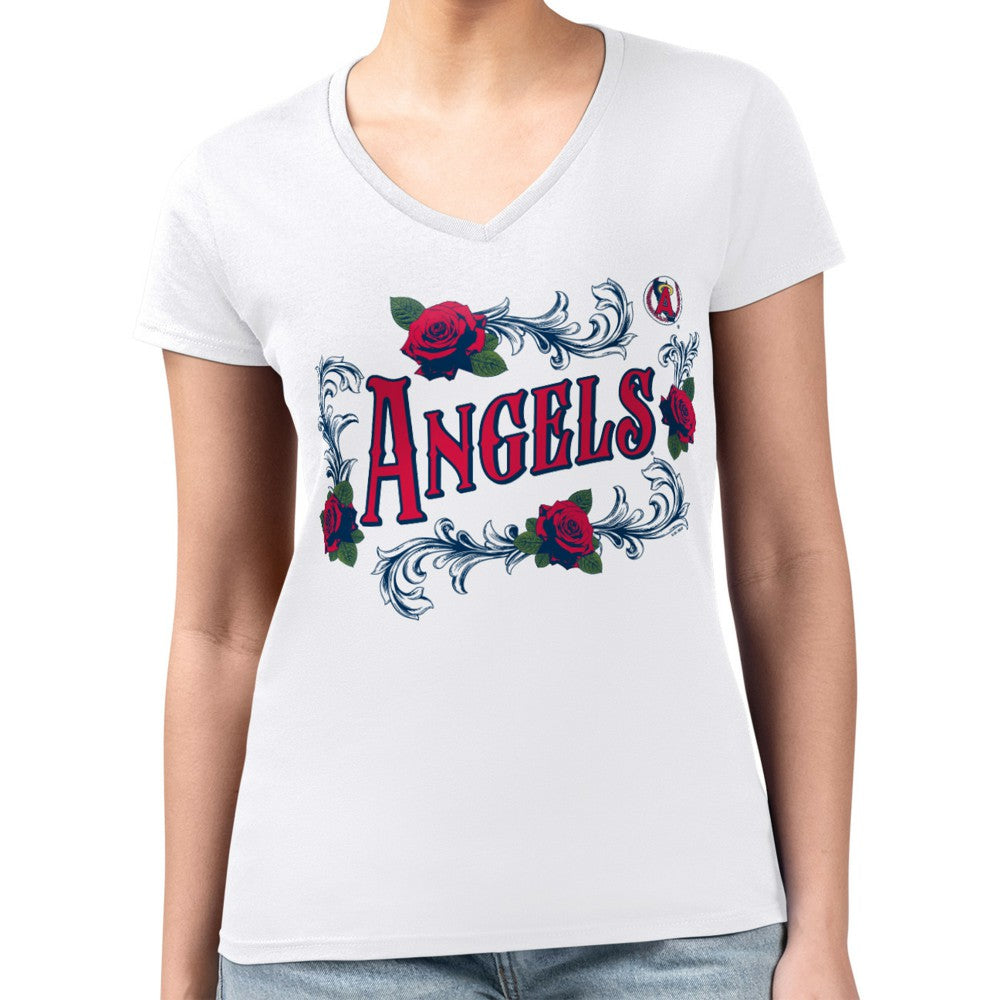 Los Angeles Angels G-III 4Her by Carl Banks Women's Super-Slim Fit Lightweight Retro Roses V-Neck T-Shirt Sale