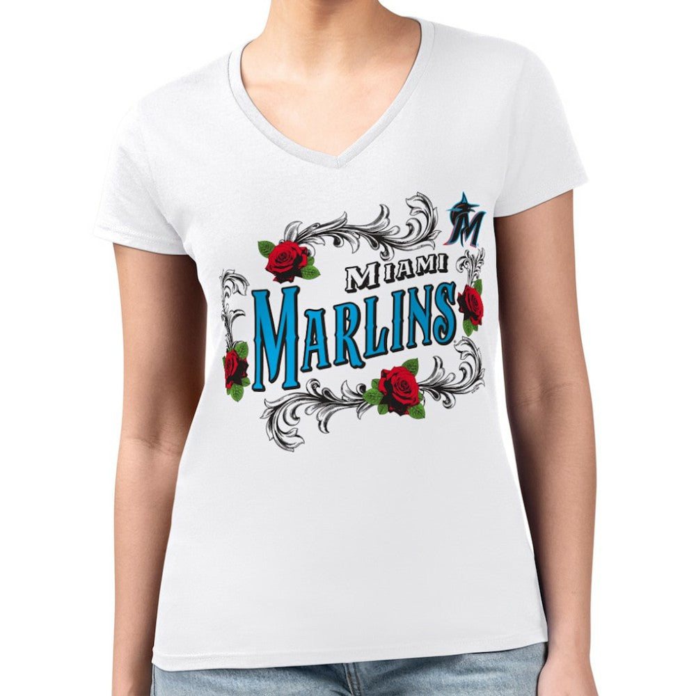 Miami Marlins G-III 4Her by Carl Banks Women's Super-Slim Fit Lightweight Retro Roses V-Neck T-Shirt Online