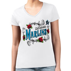 Miami Marlins G-III 4Her by Carl Banks Women's Super-Slim Fit Lightweight Retro Roses V-Neck T-Shirt Online