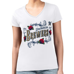 Milwaukee Brewers G-III 4Her by Carl Banks Women's Super-Slim Fit Lightweight Retro Roses V-Neck T-Shirt Sale