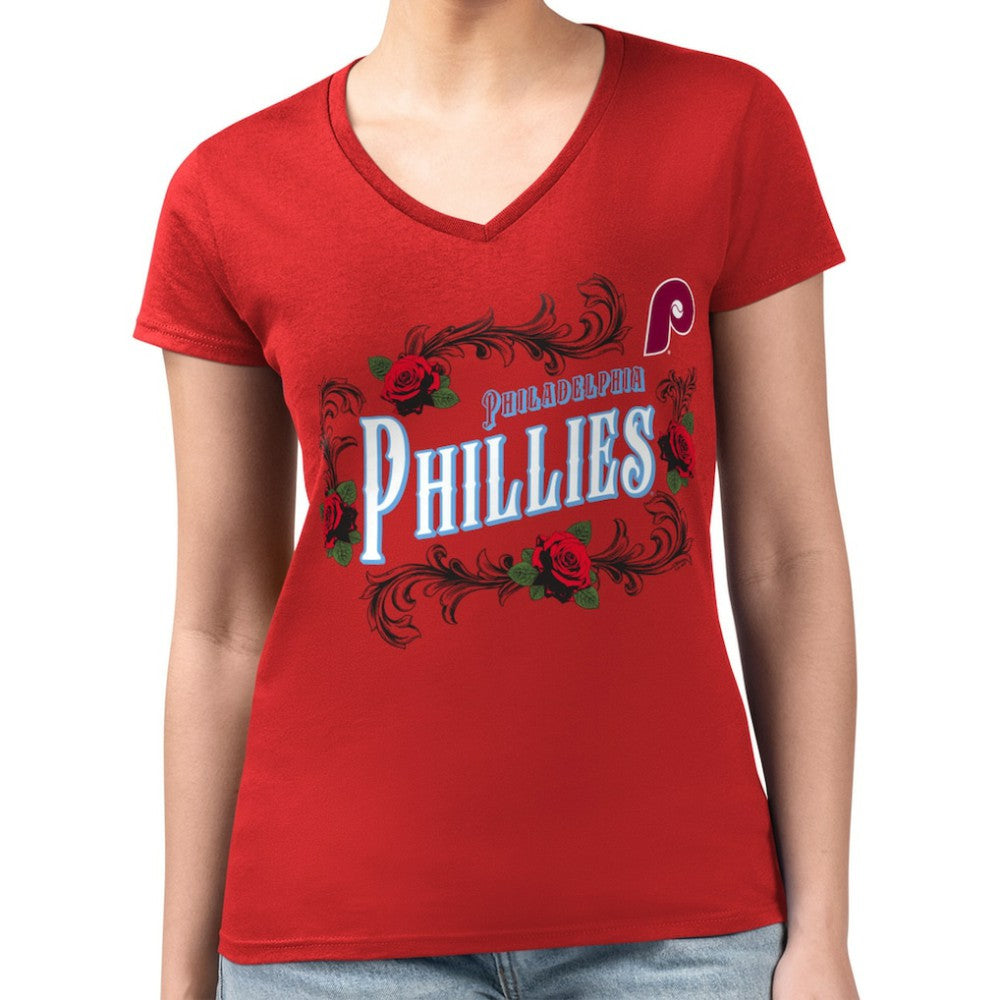 Philadelphia Phillies G-III 4Her by Carl Banks Women's Super-Slim Fit Lightweight Retro Roses V-Neck T-Shirt Clearance