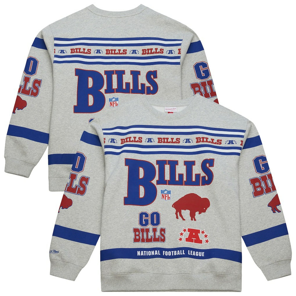 Buffalo Bills All Over Print Vintage Fleece Crewneck Sweatshirt Heather Gray - Mitchell & Ness