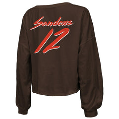 Shedeur Sanders Cleveland Browns Majestic Threads Women's Name & Number Off-Shoulder Script Cropped Long Sleeve Relaxed V-Neck T-Shirt Brown - NFL