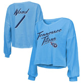 Cameron Ward Tennessee Titans Majestic Threads Women's Name & Number Off-Shoulder Script Cropped Long Sleeve Relaxed V-Neck T-Shirt Light Blue - NFL