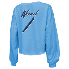 Cameron Ward Tennessee Titans Majestic Threads Women's Name & Number Off-Shoulder Script Cropped Long Sleeve Relaxed V-Neck T-Shirt Light Blue - NFL