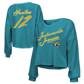 Travis Hunter Jacksonville Jaguars Majestic Threads Women's Name & Number Off-Shoulder Script Cropped Long Sleeve Relaxed V-Neck T-Shirt Teal - NFL