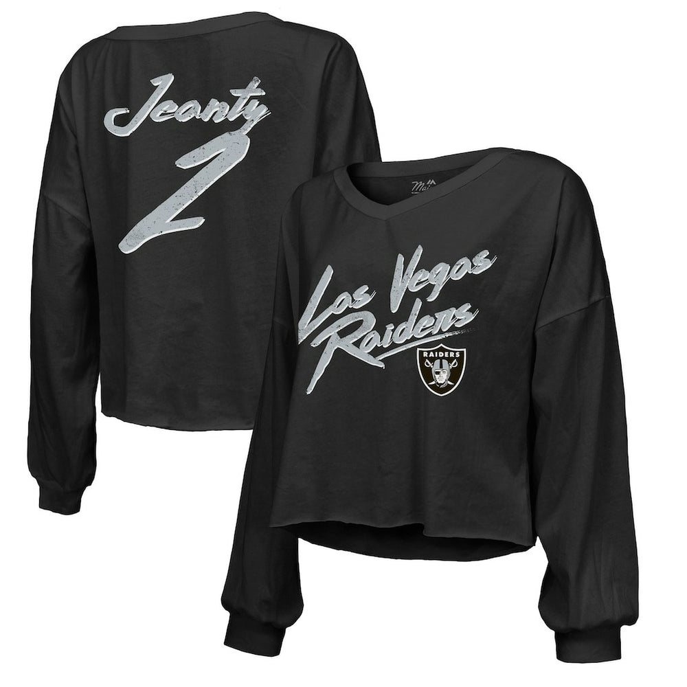 Ashton Jeanty Las Vegas Raiders Majestic Threads Women's Name & Number Off-Shoulder Script Cropped Long Sleeve Relaxed V-Neck T-Shirt Black - NFL