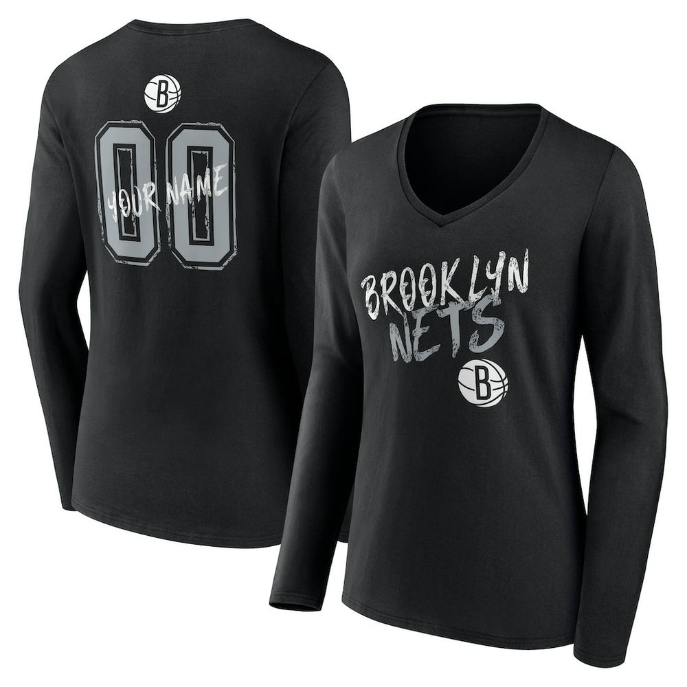 NBA - Brooklyn Nets Women's Hustle Custom Long Sleeve V-Neck T-Shirt - Black