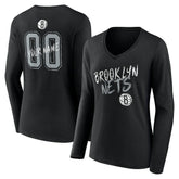 NBA - Brooklyn Nets Women's Hustle Custom Long Sleeve V-Neck T-Shirt - Black