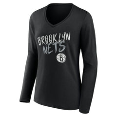 NBA - Brooklyn Nets Women's Hustle Custom Long Sleeve V-Neck T-Shirt - Black