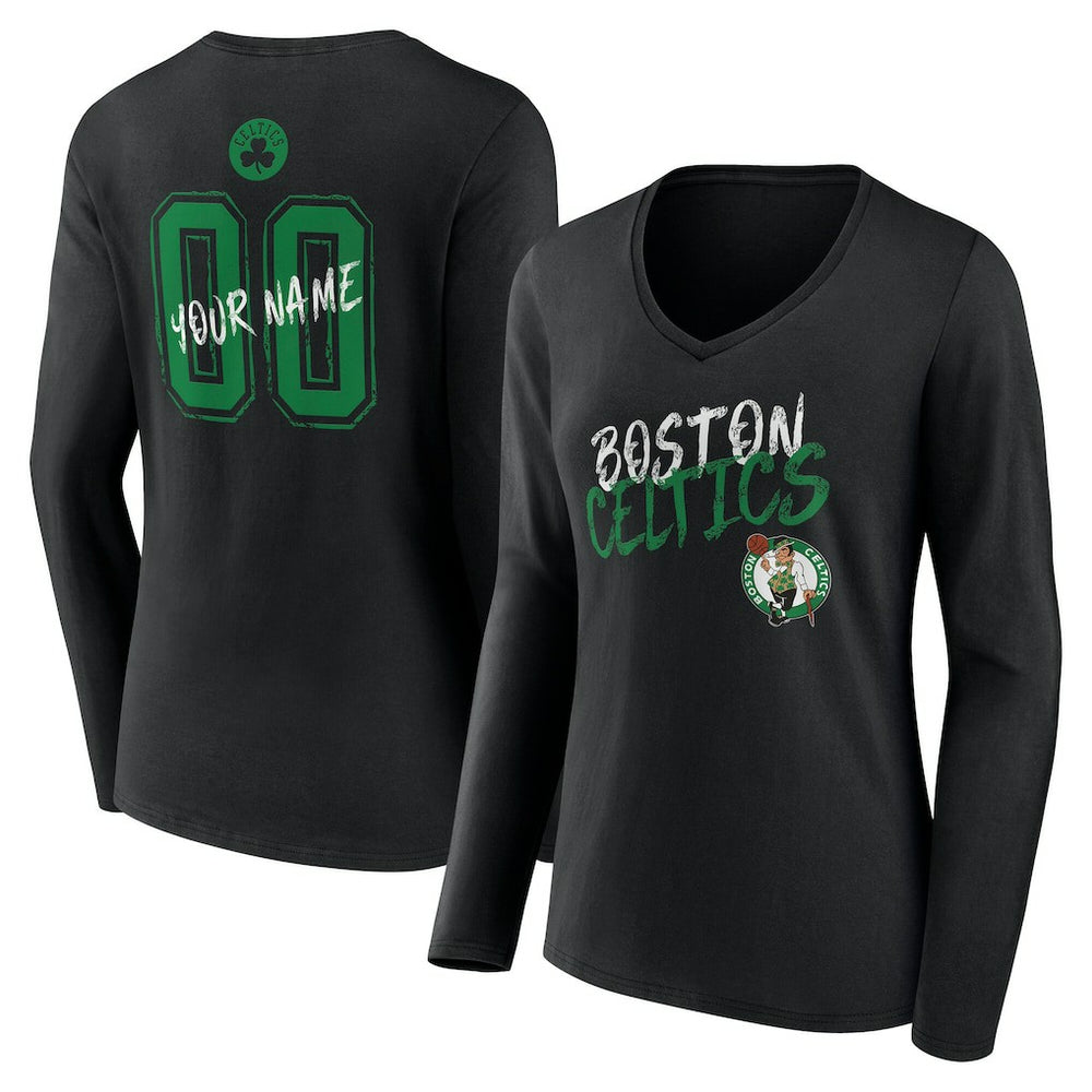 NBA - Boston Celtics Women's Hustle Custom Long Sleeve V-Neck T-Shirt - Black