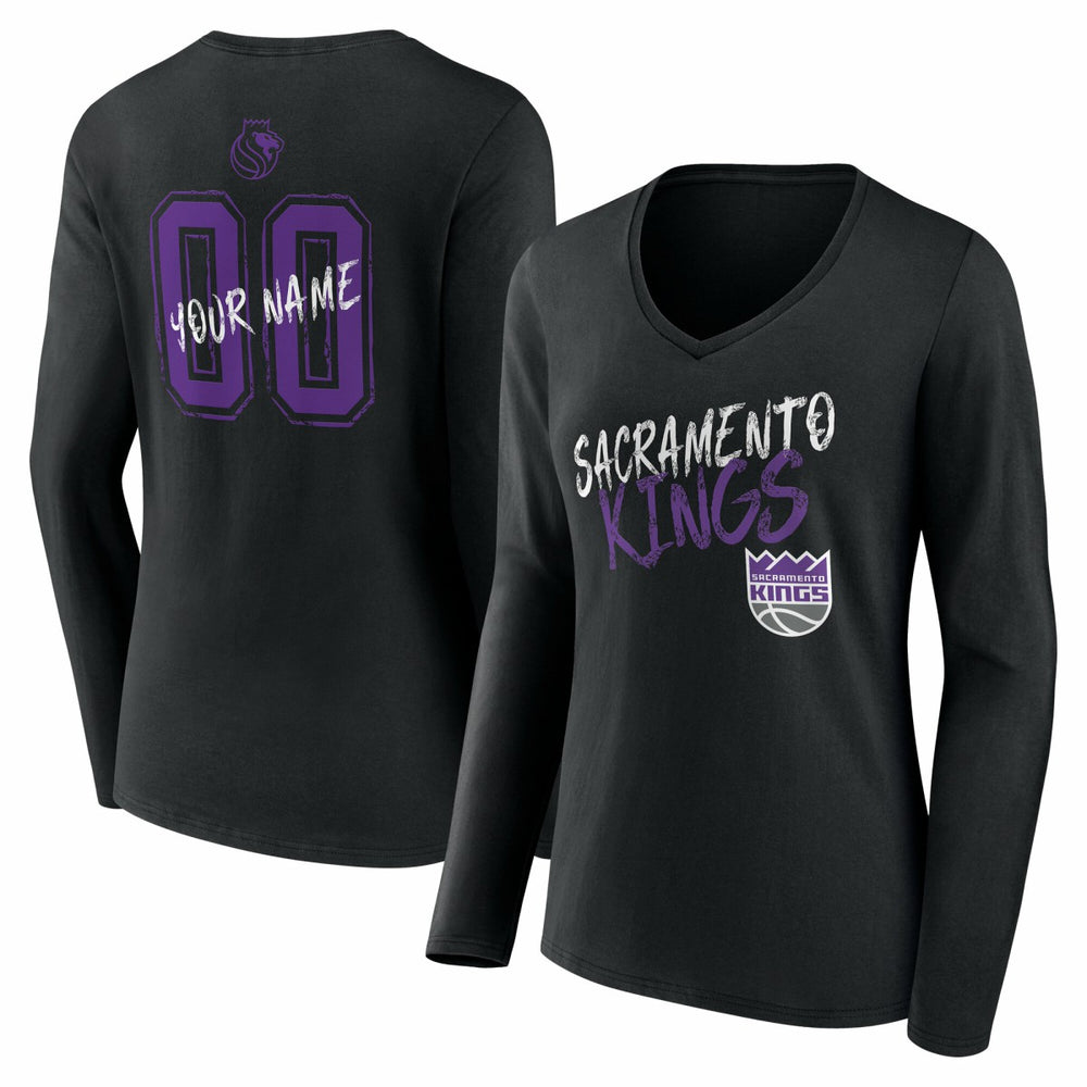 NBA - Sacramento Kings Women's Hustle Custom Long Sleeve V-Neck T-Shirt - Black