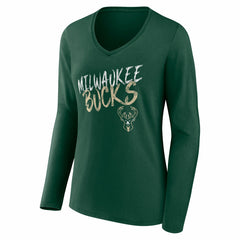 NBA - Milwaukee Bucks Women's Hustle Custom Long Sleeve V-Neck T-Shirt - Hunter Green