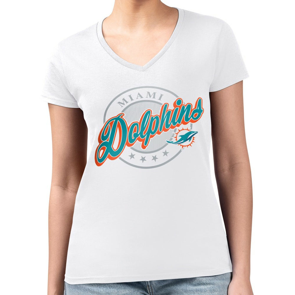 Miami Dolphins G-III 4Her by Carl Banks Women's Super-Slim Fit Lightweight Pinstripe Circle V-Neck T-Shirt White - NFL