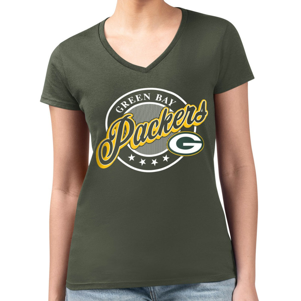 Green Bay Packers G-III 4Her by Carl Banks Women's Super-Slim Fit Lightweight Pinstripe Circle V-Neck T-Shirt Green - NFL