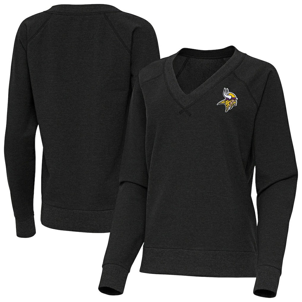 Minnesota Vikings Antigua Women's Varsity Tri-Blend V-Neck Long Sleeve T-Shirt Heather Black - NFL