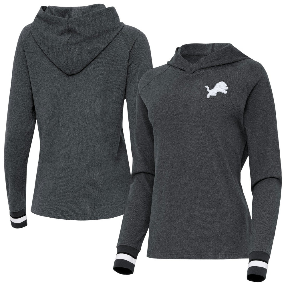 Detroit Lions Antigua Women's Trek Raglan Pullover Hoodie Heather Charcoal - NFL