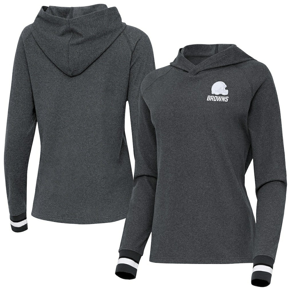Cleveland Browns Antigua Women's Trek Raglan Pullover Hoodie Heather Charcoal - NFL