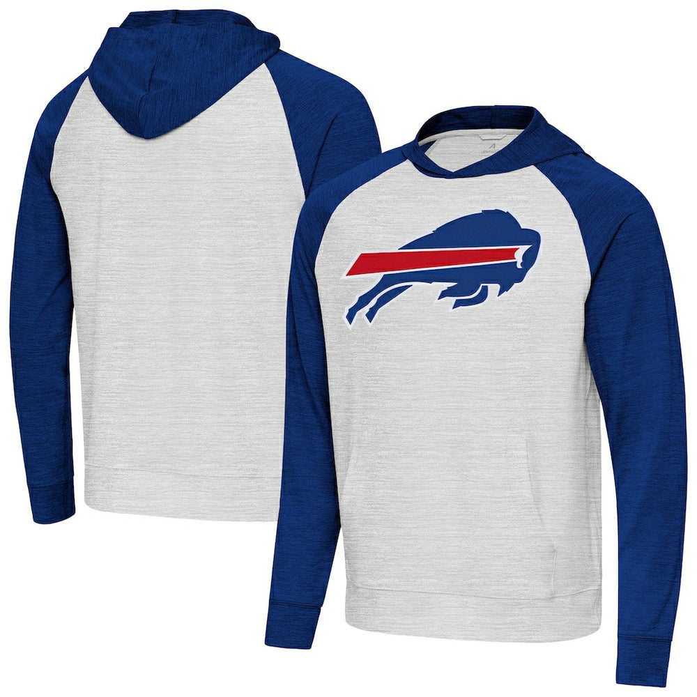 Buffalo Bills Antigua Urgent Raglan Pullover Hoodie Heather Gray/Heather Royal - NFL
