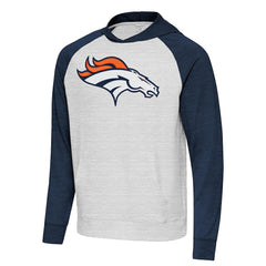 Denver Broncos Antigua Urgent Raglan Pullover Hoodie Heather Gray/Heather Navy - NFL