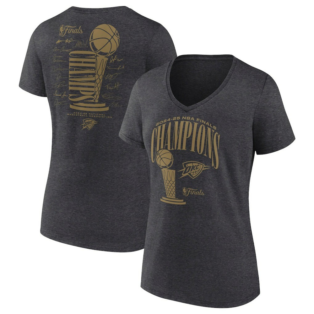 Fanatics - Oklahoma City Thunder Women's 2025 NBA Finals Champions Double Dribble V-Neck T-Shirt - Heather Charcoal