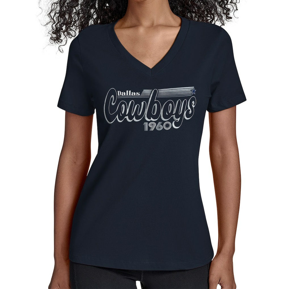 Dallas Cowboys Starter Women's Groovy Script V-Neck T-Shirt Navy - NFL