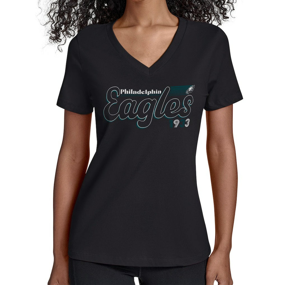 Philadelphia Eagles Starter Women's Groovy Script V-Neck T-Shirt Black - NFL