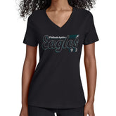 Philadelphia Eagles Starter Women's Groovy Script V-Neck T-Shirt Black - NFL