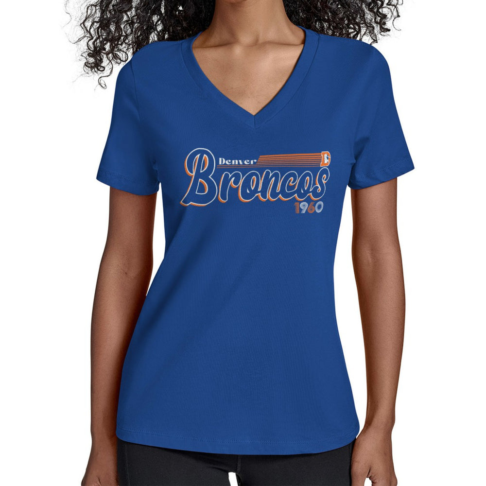 Denver Broncos Starter Women's Throwback Groovy Script V-Neck T-Shirt Royal - NFL