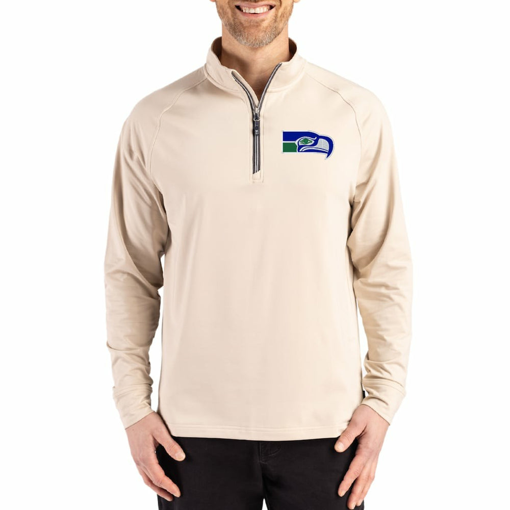 Seattle Seahawks Cutter & Buck Adapt Eco Knit Stretch Recycled Quarter-Zip Pullover Tan - NFL