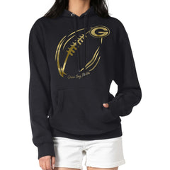 Green Bay Packers G-III 4Her by Carl Banks Women's Metallic Print Football Sketch Fleece Pullover Hoodie Black - NFL
