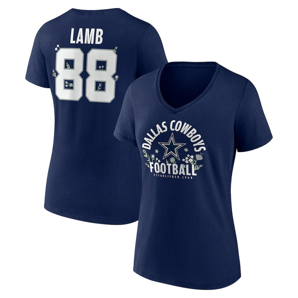CeeDee Lamb Dallas Cowboys Women's Floral Name & Number V-Neck T-Shirt Navy - NFL