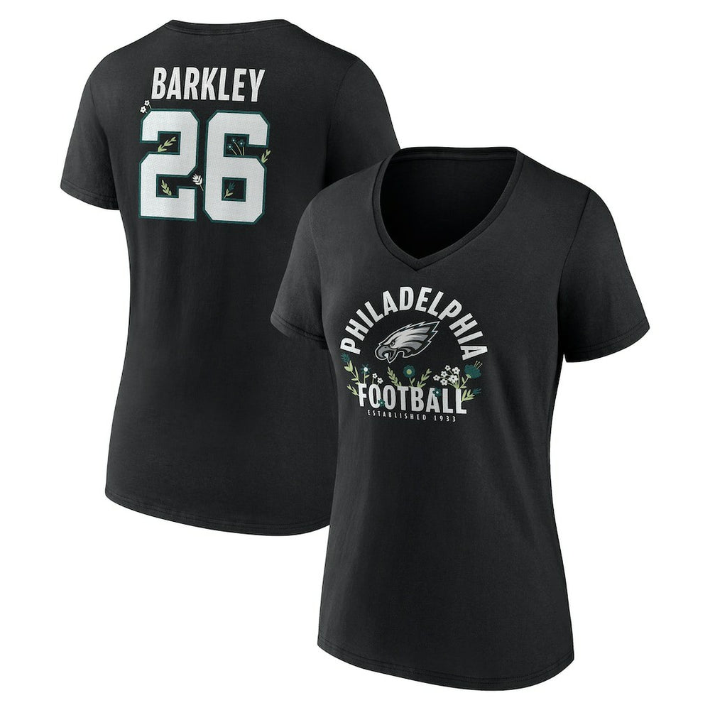 Saquon Barkley Philadelphia Eagles Women's Floral Name & Number V-Neck T-Shirt Black - NFL