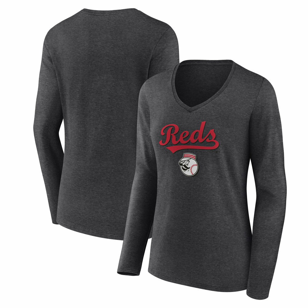 Cincinnati Reds Women's Team Lockup Long Sleeve V-Neck T-Shirt Sale