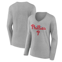 Philadelphia Phillies Women's Team Lockup Long Sleeve V-Neck T-Shirt On Sale