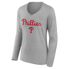 Philadelphia Phillies Women's Team Lockup Long Sleeve V-Neck T-Shirt On Sale