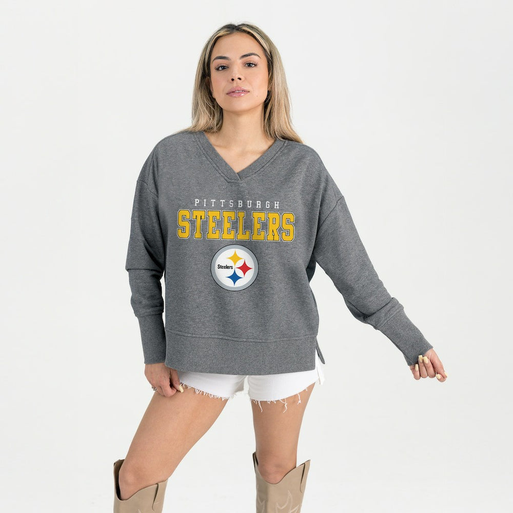 Pittsburgh Steelers Gameday Couture Women's French Terry V-Neck Pullover Sweatshirt Gray - NFL