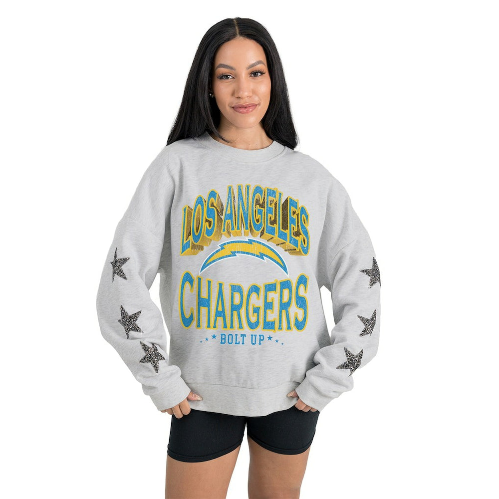 Los Angeles Chargers Gameday Couture Women's Resilience Relaxed Rhinestone Pullover Sweatshirt Ash - NFL