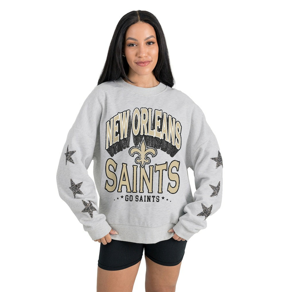New Orleans Saints Gameday Couture Women's Resilience Relaxed Rhinestone Pullover Sweatshirt Ash - NFL
