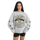 New Orleans Saints Gameday Couture Women's Resilience Relaxed Rhinestone Pullover Sweatshirt Ash - NFL