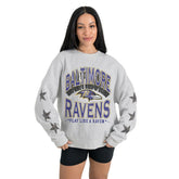 Baltimore Ravens Gameday Couture Women's Resilience Relaxed Rhinestone Pullover Sweatshirt Ash - NFL