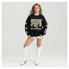 New Orleans Saints Gameday Couture Women's Pure Victory Rhinestud Star-Sleeve Pullover Sweatshirt Black - NFL