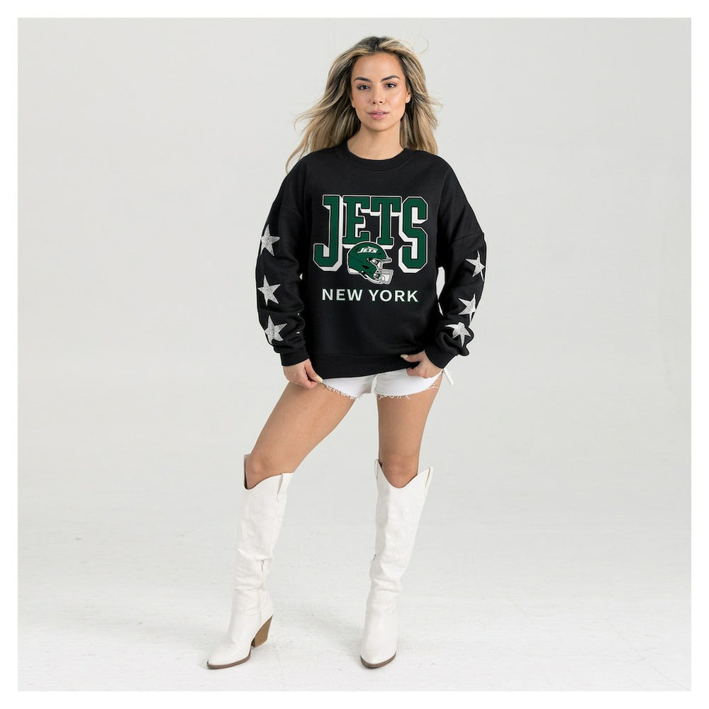 New York Jets Gameday Couture Women's Pure Victory Rhinestud Star-Sleeve Pullover Sweatshirt Black - NFL
