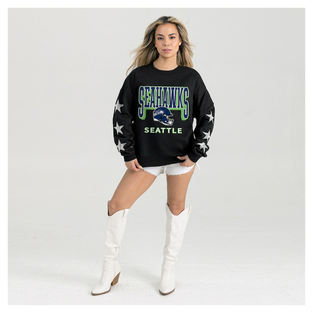 Seattle Seahawks Gameday Couture Women's Pure Victory Rhinestud Star-Sleeve Pullover Sweatshirt Black - NFL