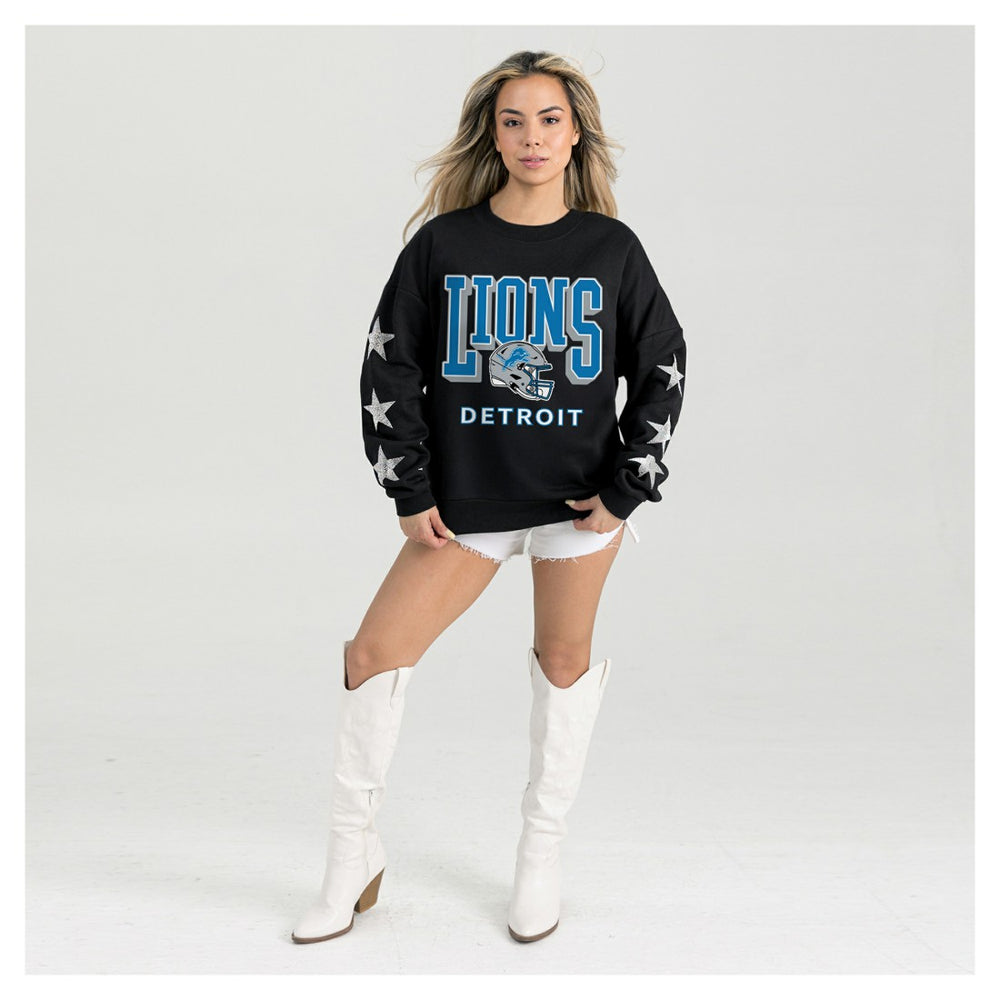 Detroit Lions Gameday Couture Women's Pure Victory Rhinestud Star-Sleeve Pullover Sweatshirt Black - NFL