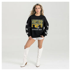 Green Bay Packers Gameday Couture Women's Pure Victory Rhinestud Star-Sleeve Pullover Sweatshirt Black - NFL