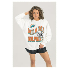 Miami Dolphins Gameday Couture Women's Oversized Hard Earned Premium Fleece Pullover Sweatshirt White - NFL