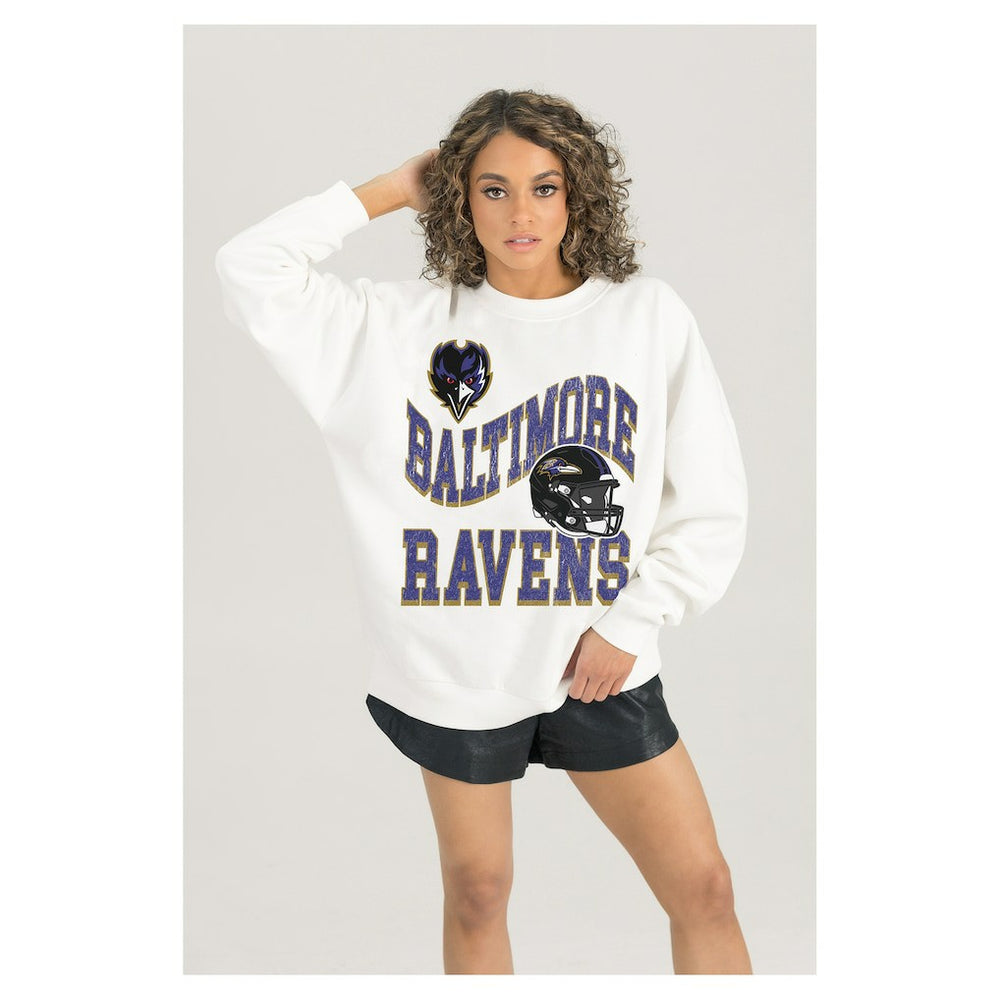 Baltimore Ravens Gameday Couture Women's Oversized Hard Earned Premium Fleece Pullover Sweatshirt White - NFL